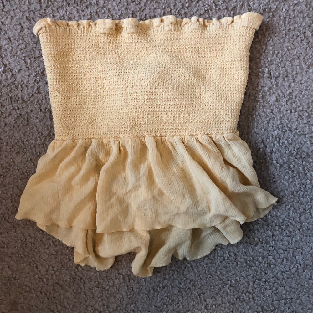 yellow flowy tube top with tie back